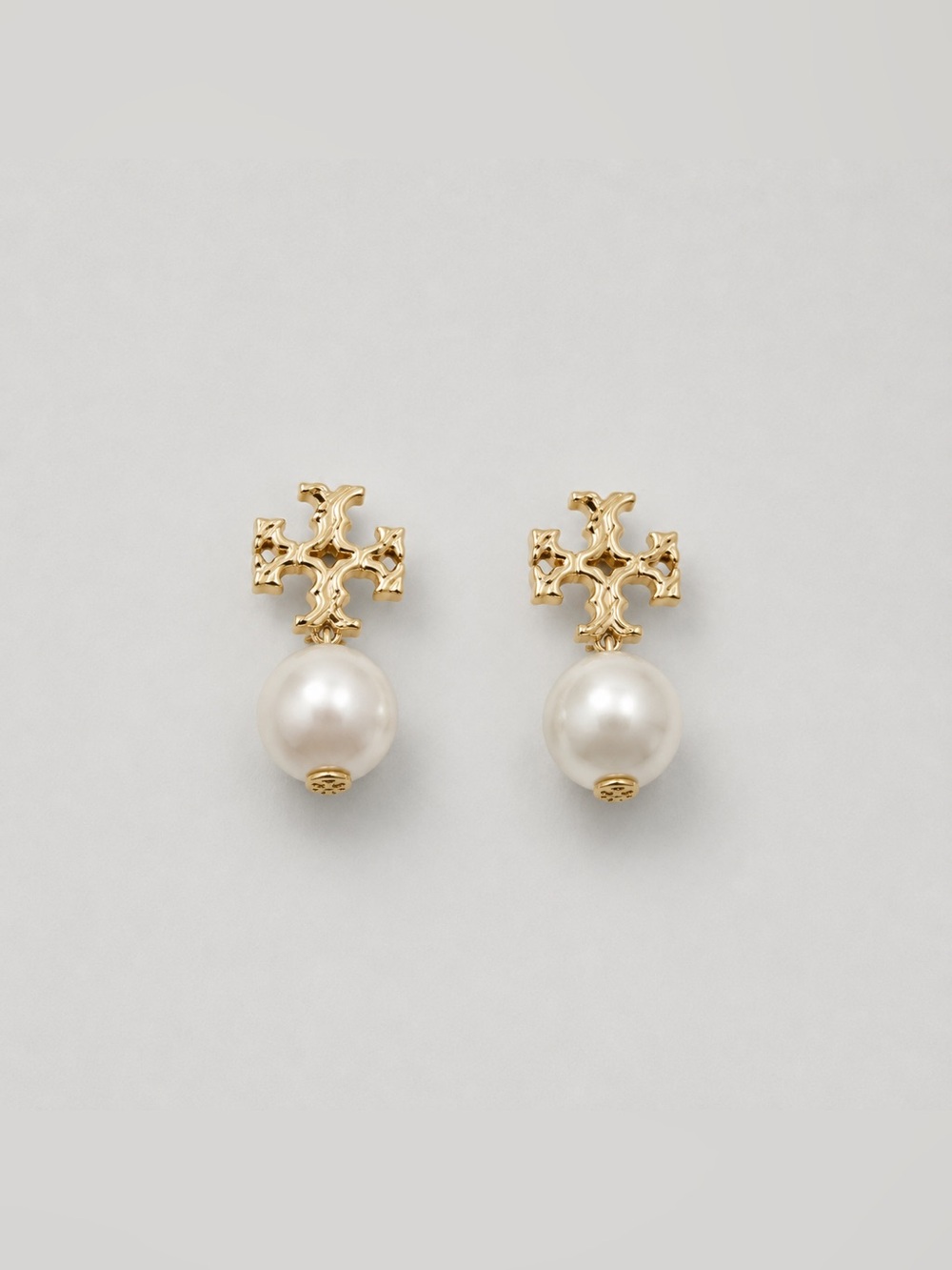 Tory Burch Gold and Pearl Logo Stud Earrings